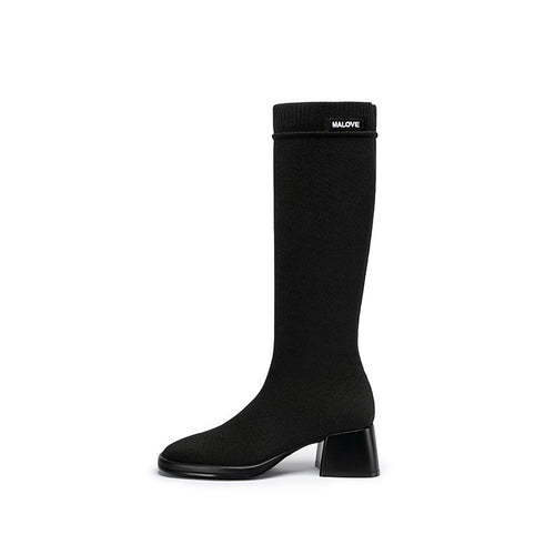 Mademoiselle Round Toe Knee High Sock Boots – Block Heel Stretch Knit