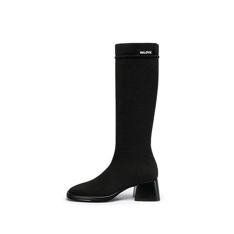 Mademoiselle Round Toe Knee High Sock Boots – Block Heel Stretch Knit