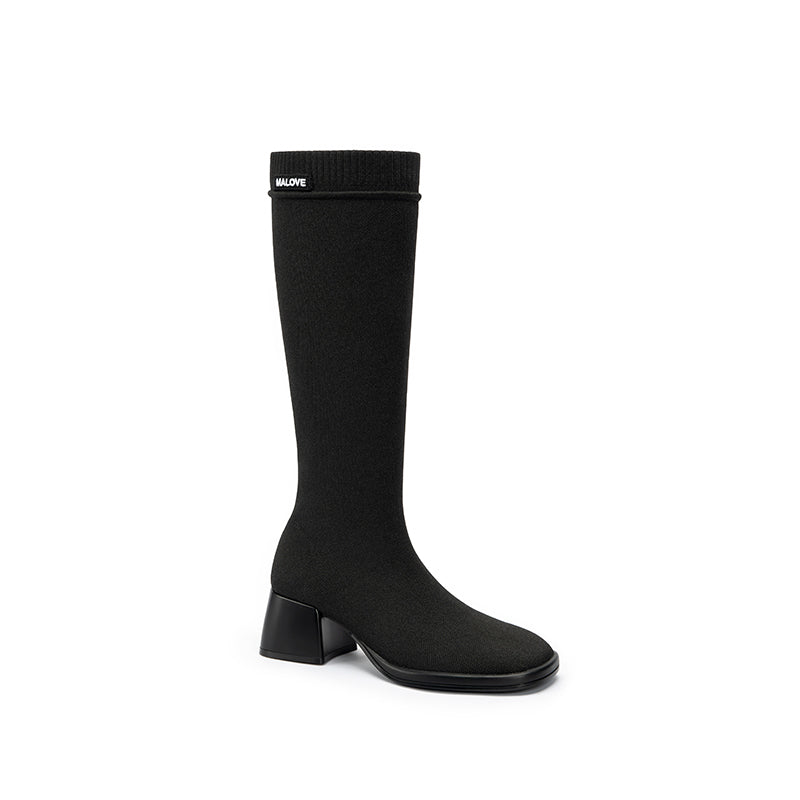 mademoiselle round toe knee high sock boots all black 4