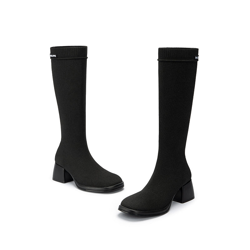mademoiselle round toe knee high sock boots all black 5