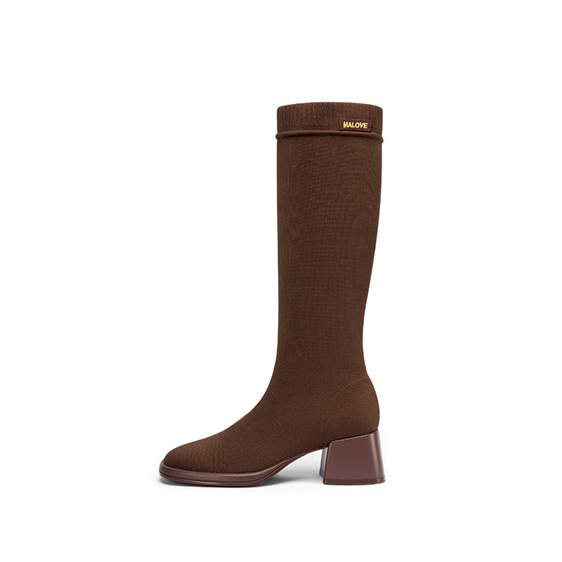 mademoiselle round toe knee high sock boots all brown 1