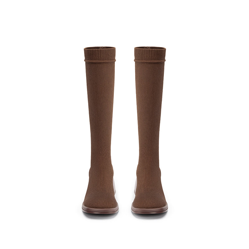 Mademoiselle Round Toe Knee High Sock Boots – Block Heel Stretch Knit