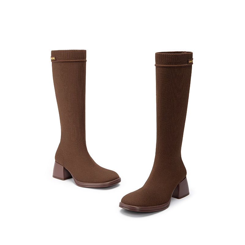 Mademoiselle Round Toe Knee High Sock Boots – Block Heel Stretch Knit