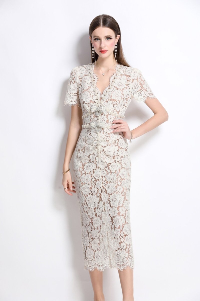 Magnolia White Double Layer Lace Cut Out Pencil Dress - 0cm