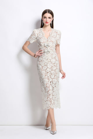 Magnolia White Double Layer Lace Cut Out Pencil Dress