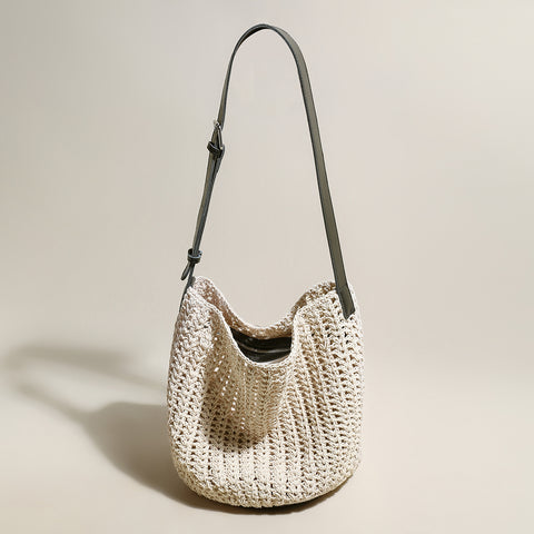 Medium White Beach Tote Bag with Blue Leather Straps