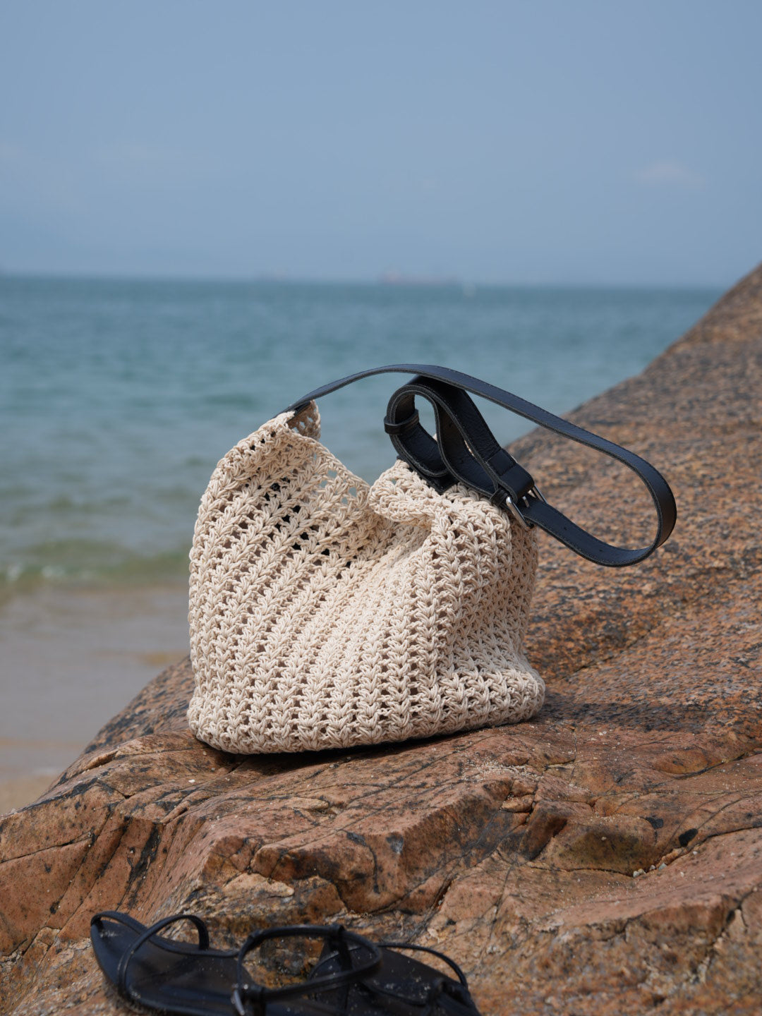 medium white beach tote bag with blue leather straps white 4