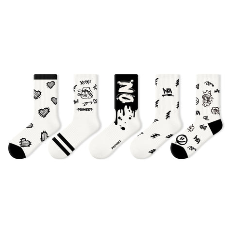 Black & White Graffiti Graphic Mid-Calf Socks – Men's 5-Pair All-Season Streetwear Set