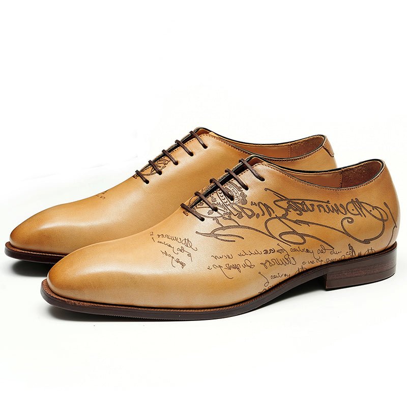 Men’s Calfskin Elite Oxford Shoes with Artistic Script Engraving - 0cm