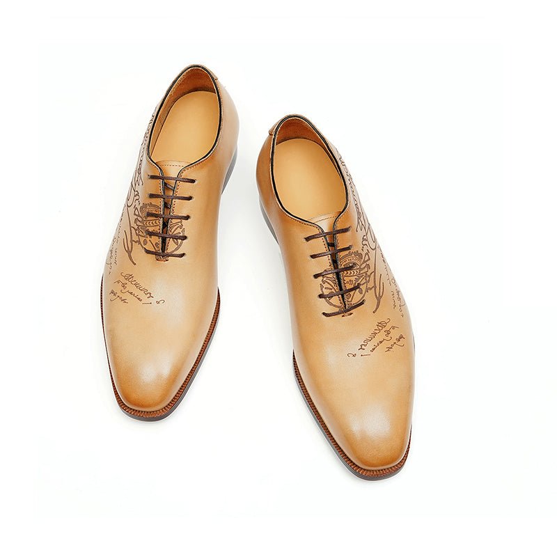 Men’s Calfskin Elite Oxford Shoes with Artistic Script Engraving - 0cm