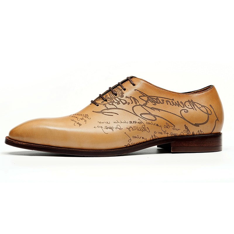 Men’s Calfskin Elite Oxford Shoes with Artistic Script Engraving - 0cm