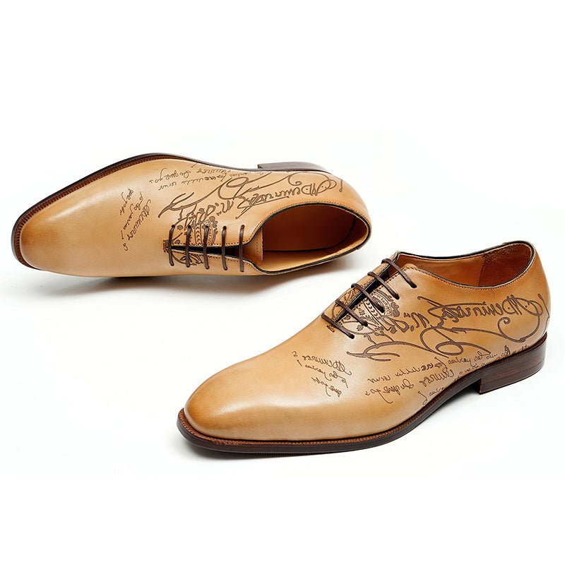 Men’s Calfskin Elite Oxford Shoes with Artistic Script Engraving - 0cm