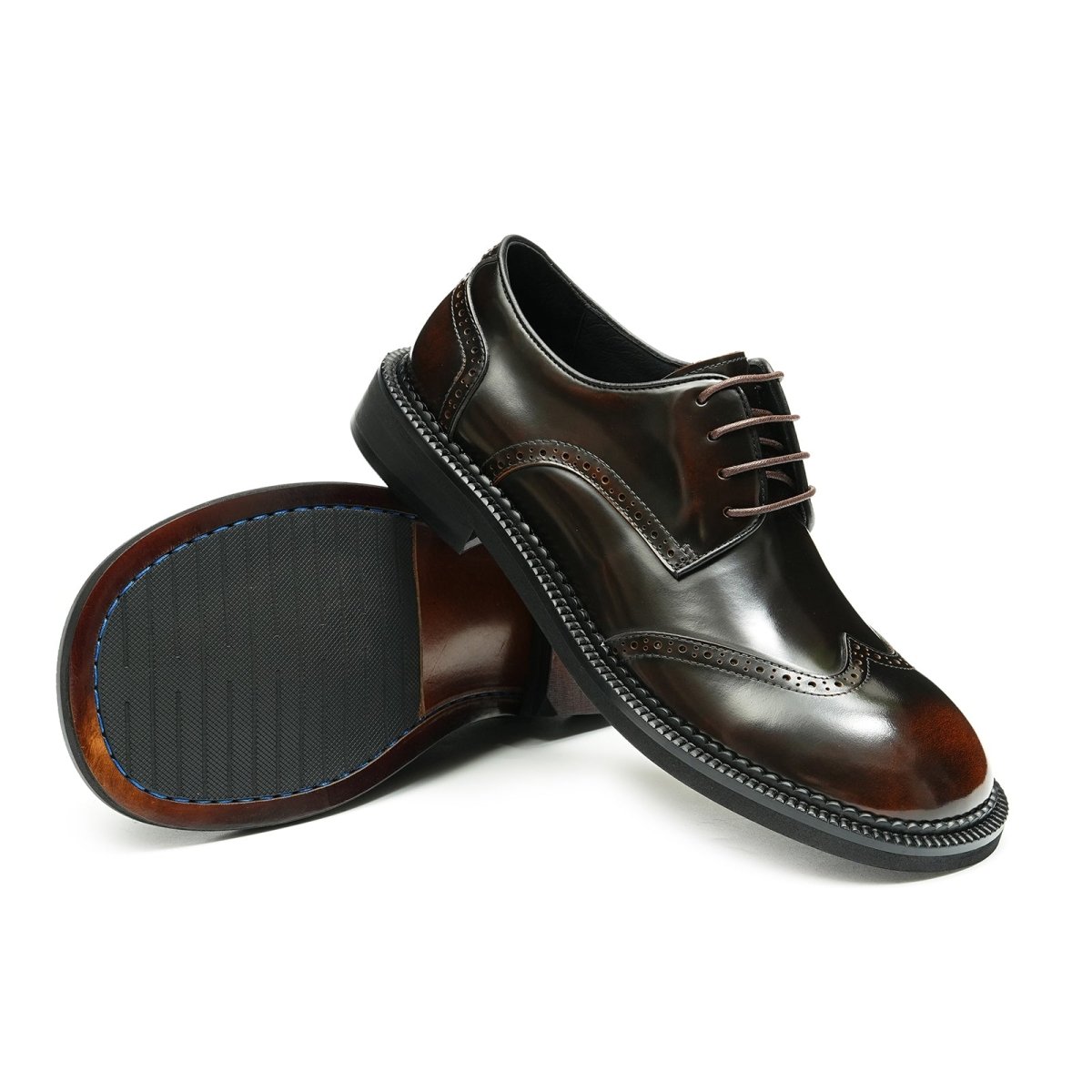 Men's Glossy Calfskin Classic Brogue Lace Up Derby Shoes - 0cm