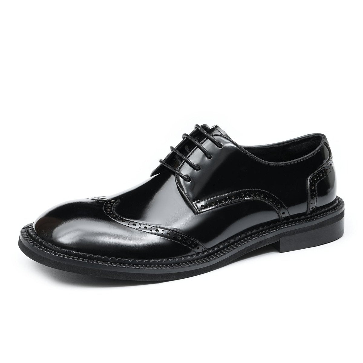 Men's Glossy Calfskin Classic Brogue Lace Up Derby Shoes - 0cm