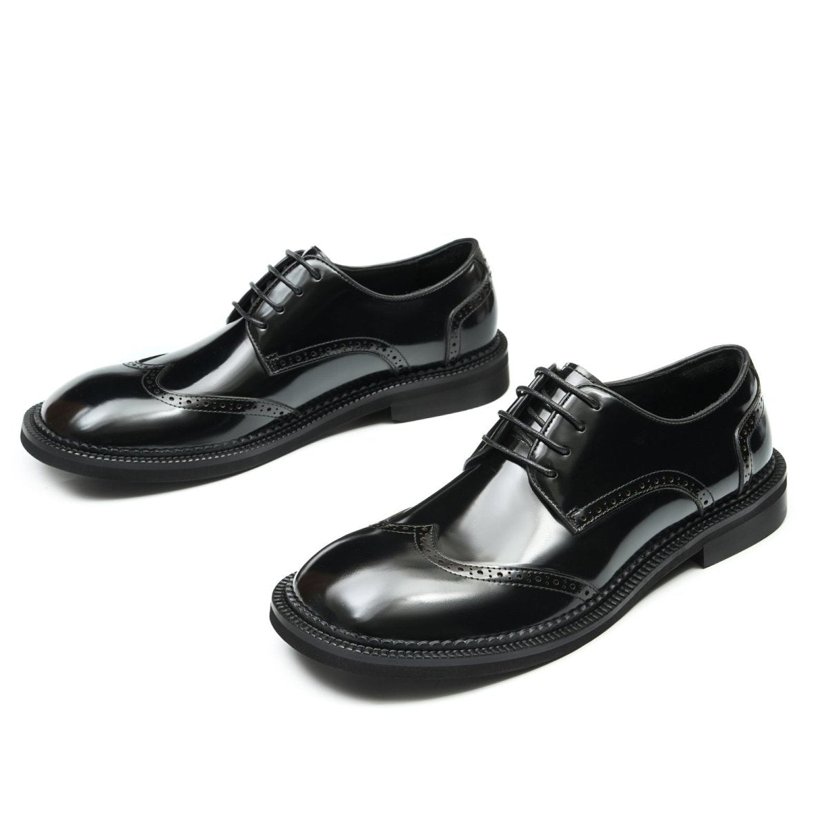 Men's Glossy Calfskin Classic Brogue Lace Up Derby Shoes - 0cm
