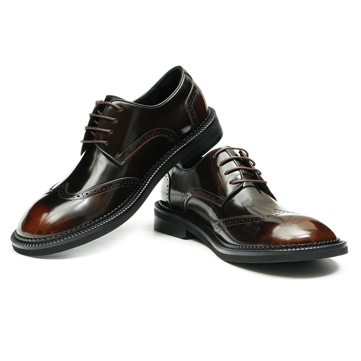 Men's Glossy Calfskin Classic Brogue Lace Up Derby Shoes - 0cm