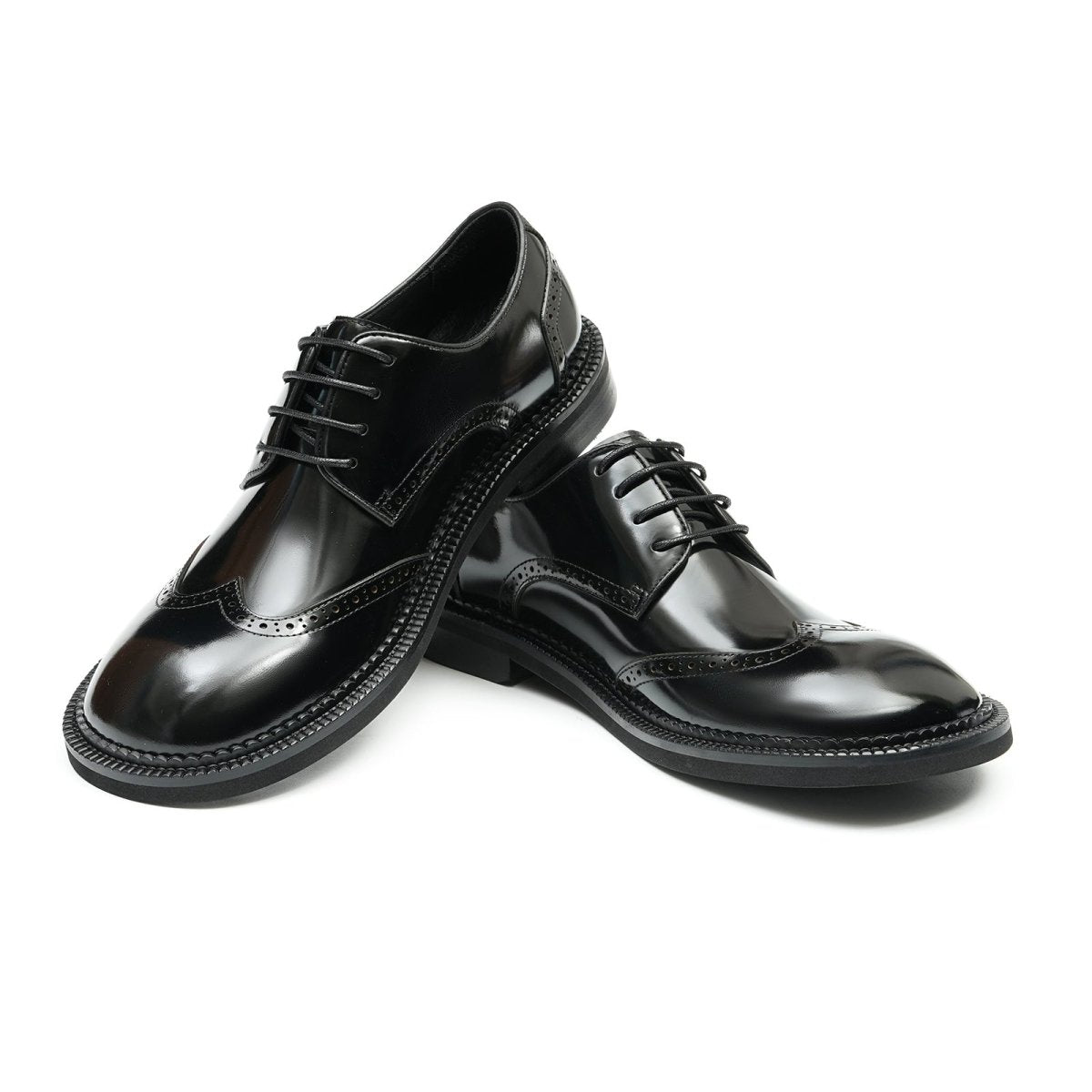 Men's Glossy Calfskin Classic Brogue Lace Up Derby Shoes - 0cm