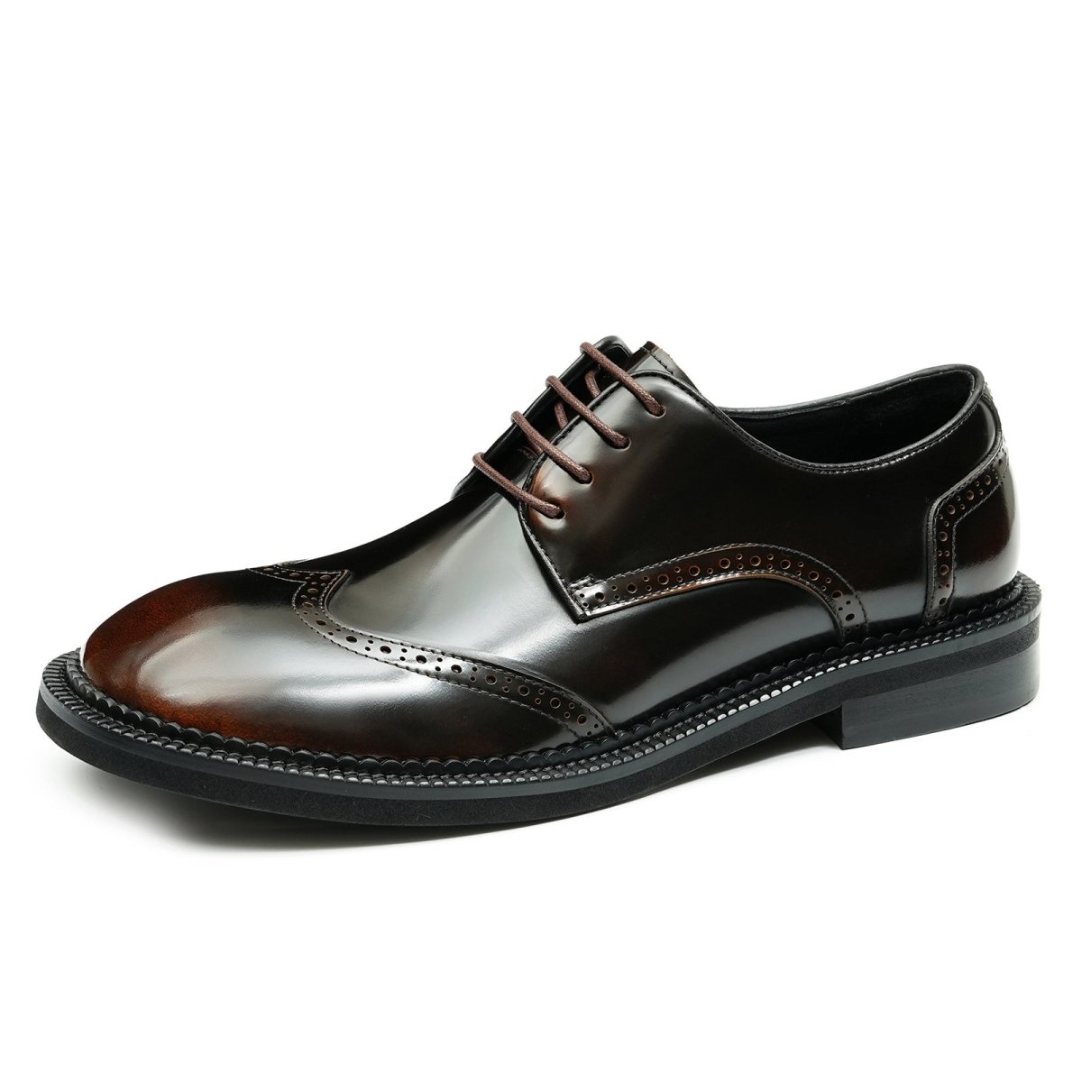 Men's Glossy Calfskin Classic Brogue Lace Up Derby Shoes - 0cm