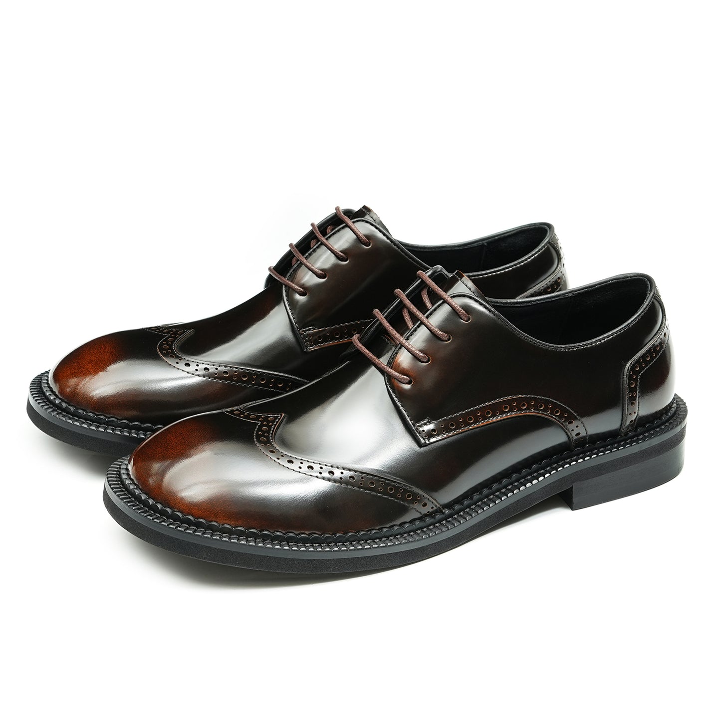 Men's Glossy Calfskin Classic Brogue Lace Up Derby Shoes