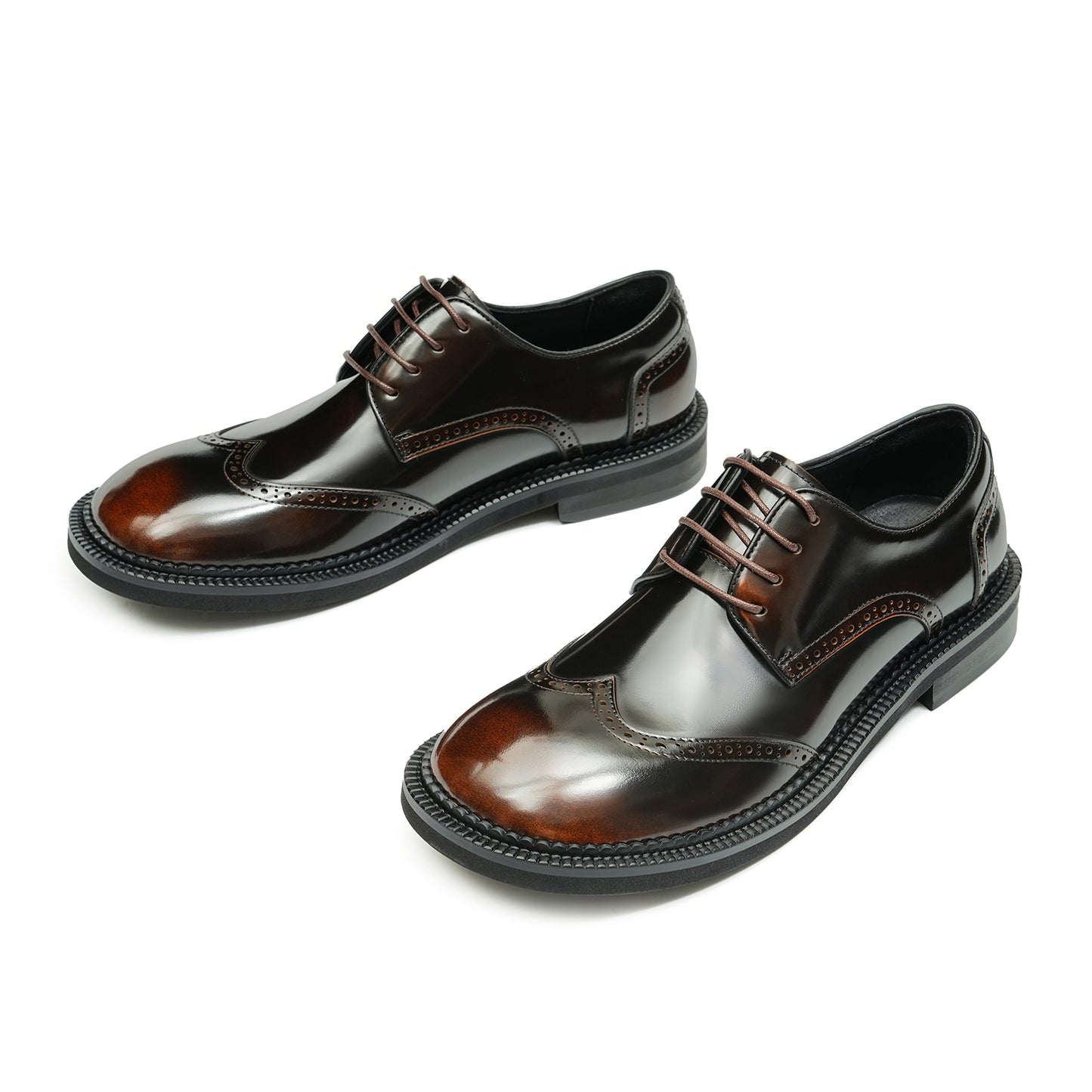 Men's Glossy Calfskin Classic Brogue Lace Up Derby Shoes