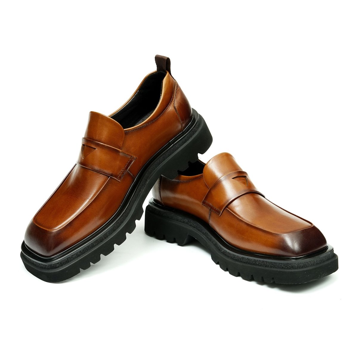 Men’s Glossy Square Toe Polished Calf Leather Shoes - 0cm