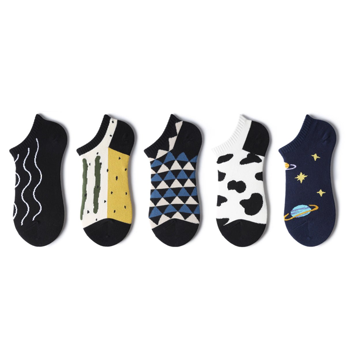 Novelty Pattern Thin Ankle Socks – Men's 5 - Pair Summer Low - Cut Set