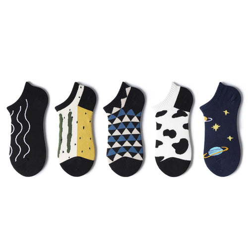 Novelty Pattern Thin Ankle Socks – Men's 5 - Pair Summer Low - Cut Set