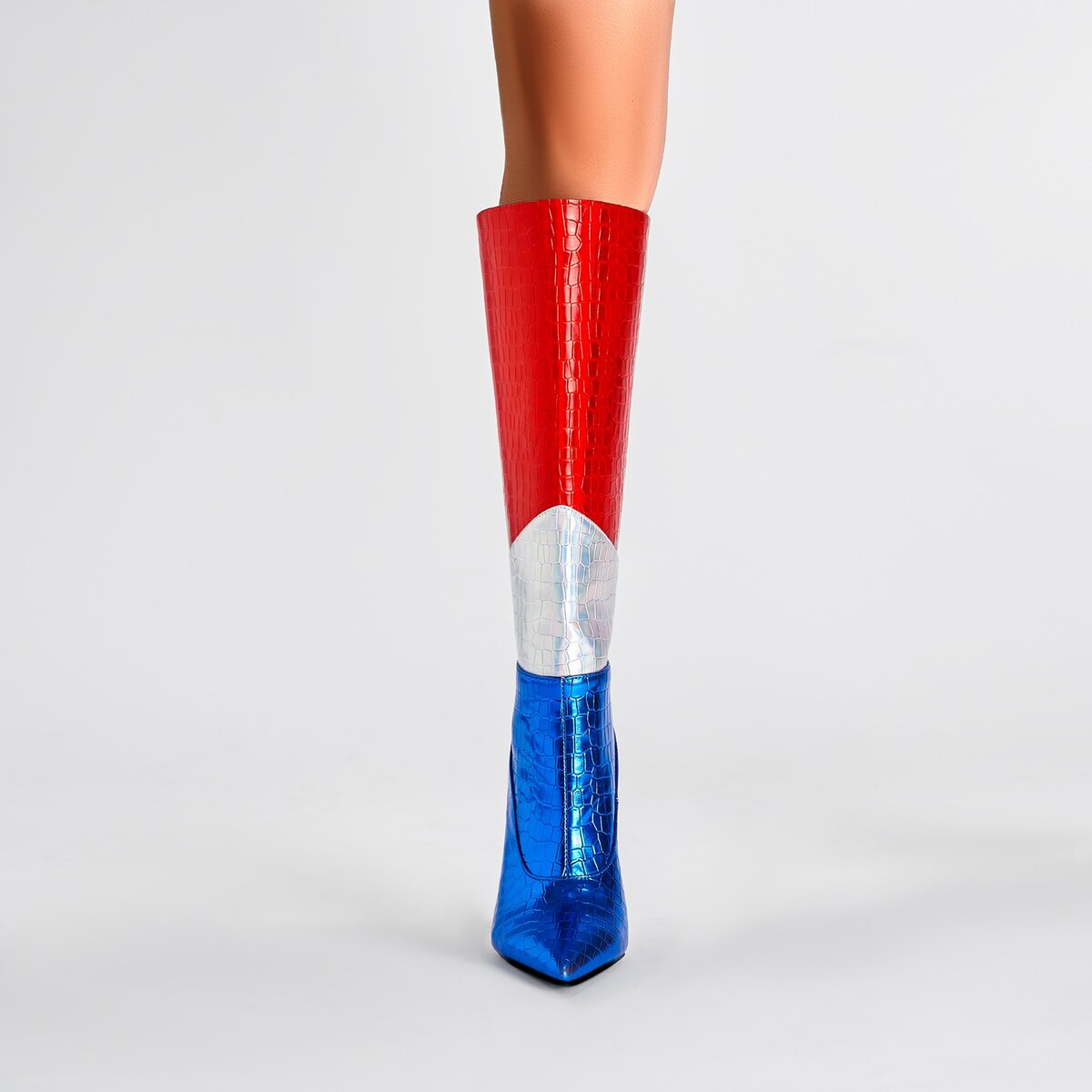 Metallic Croc Embossed Colorblock Sculptural Bite Heel Knee High Boots