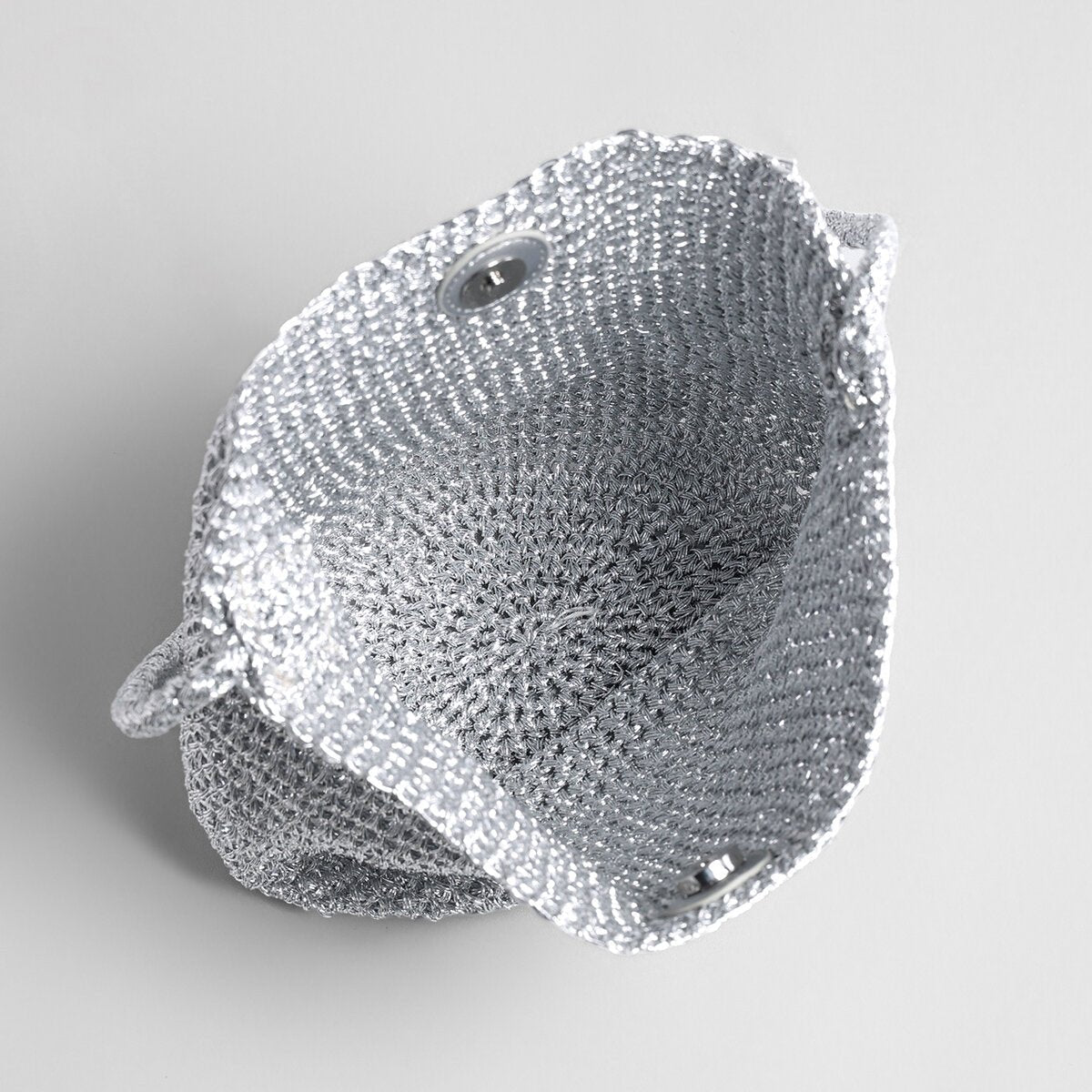 Metallic Crochet Bucket Crossbody – Handwoven Braided Strap Shoulder Bag
