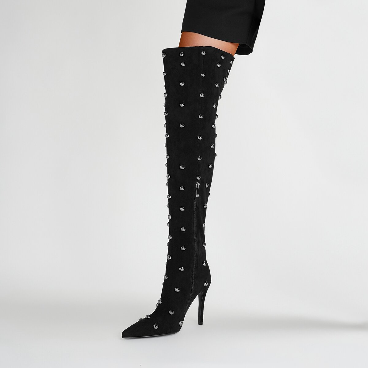 Metallic Dome Stud Suede Pointed Toe Knee High Boots