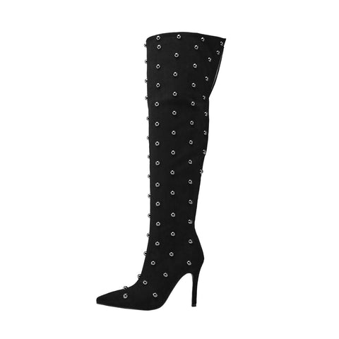 Metallic Dome Stud Suede Pointed Toe Knee High Boots