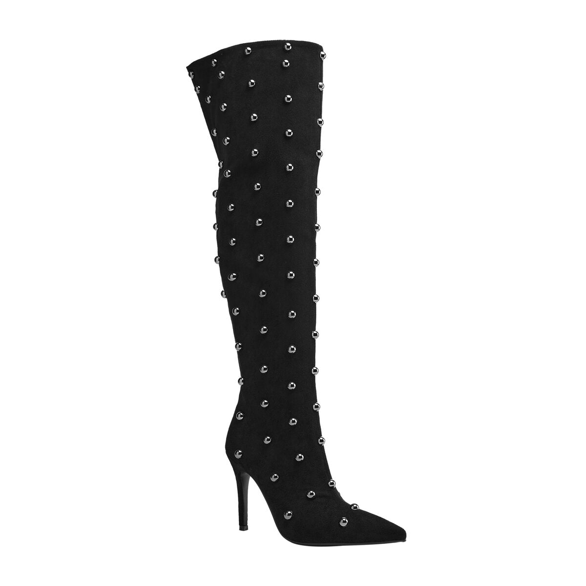 Metallic Dome Stud Suede Pointed Toe Knee High Boots