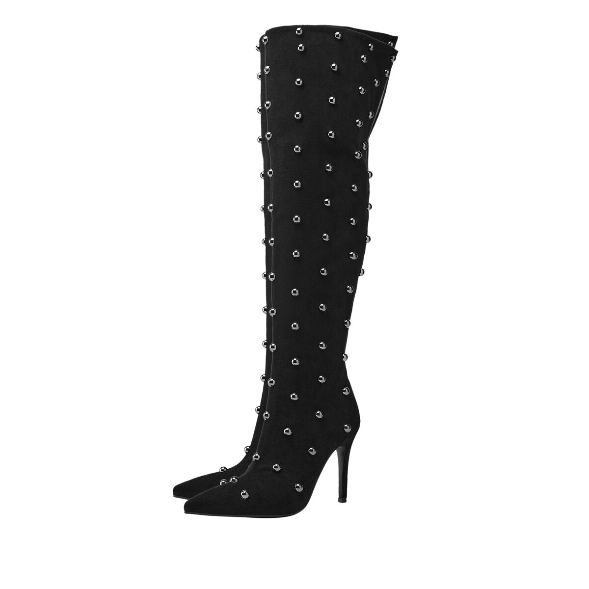 Metallic Dome Stud Suede Pointed Toe Knee High Boots