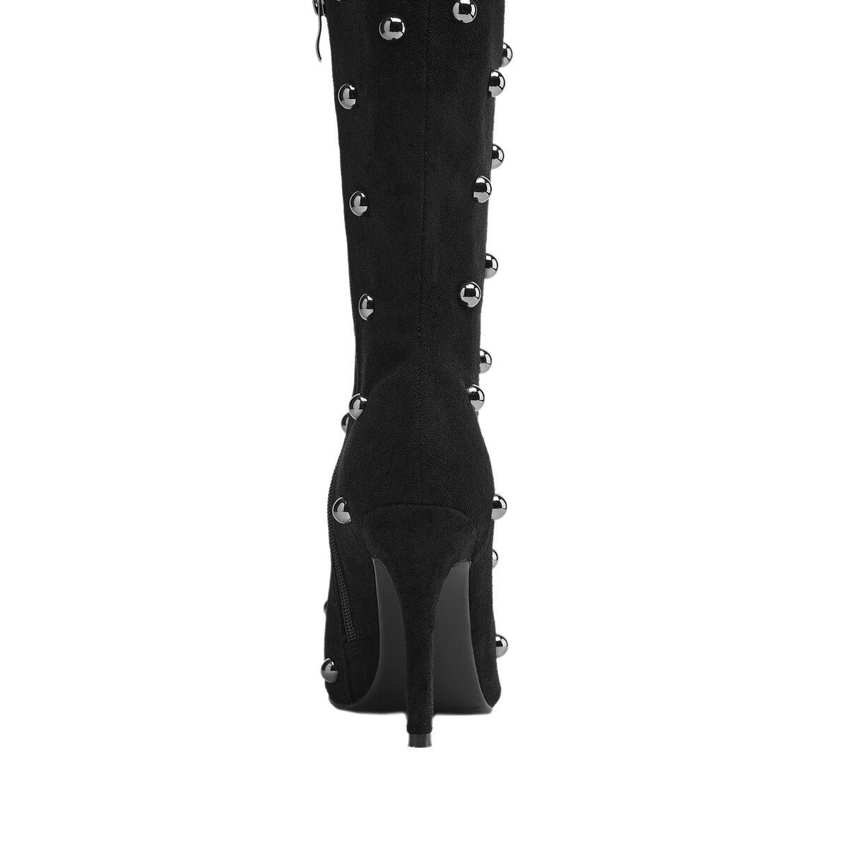 Metallic Dome Stud Suede Pointed Toe Knee High Boots