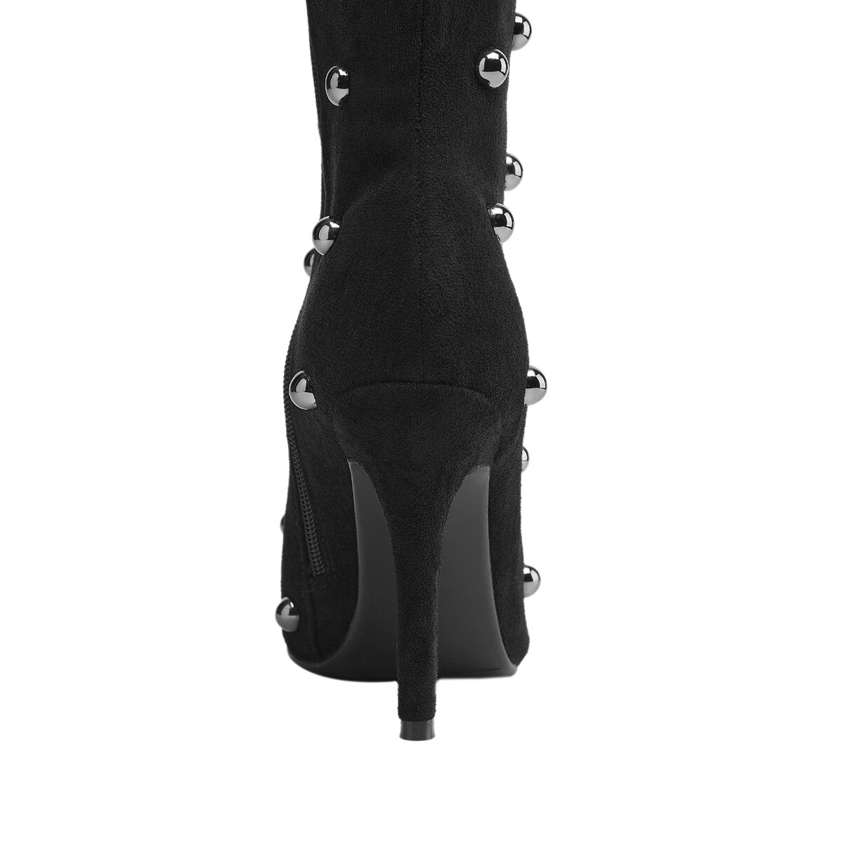 Metallic Dome Stud Suede Pointed Toe Knee High Boots