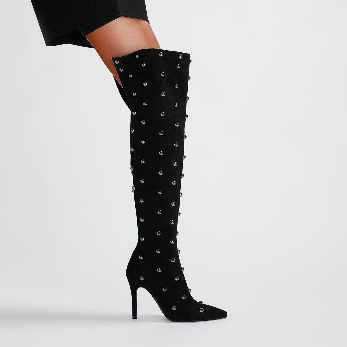Metallic Dome Stud Suede Pointed Toe Knee High Boots