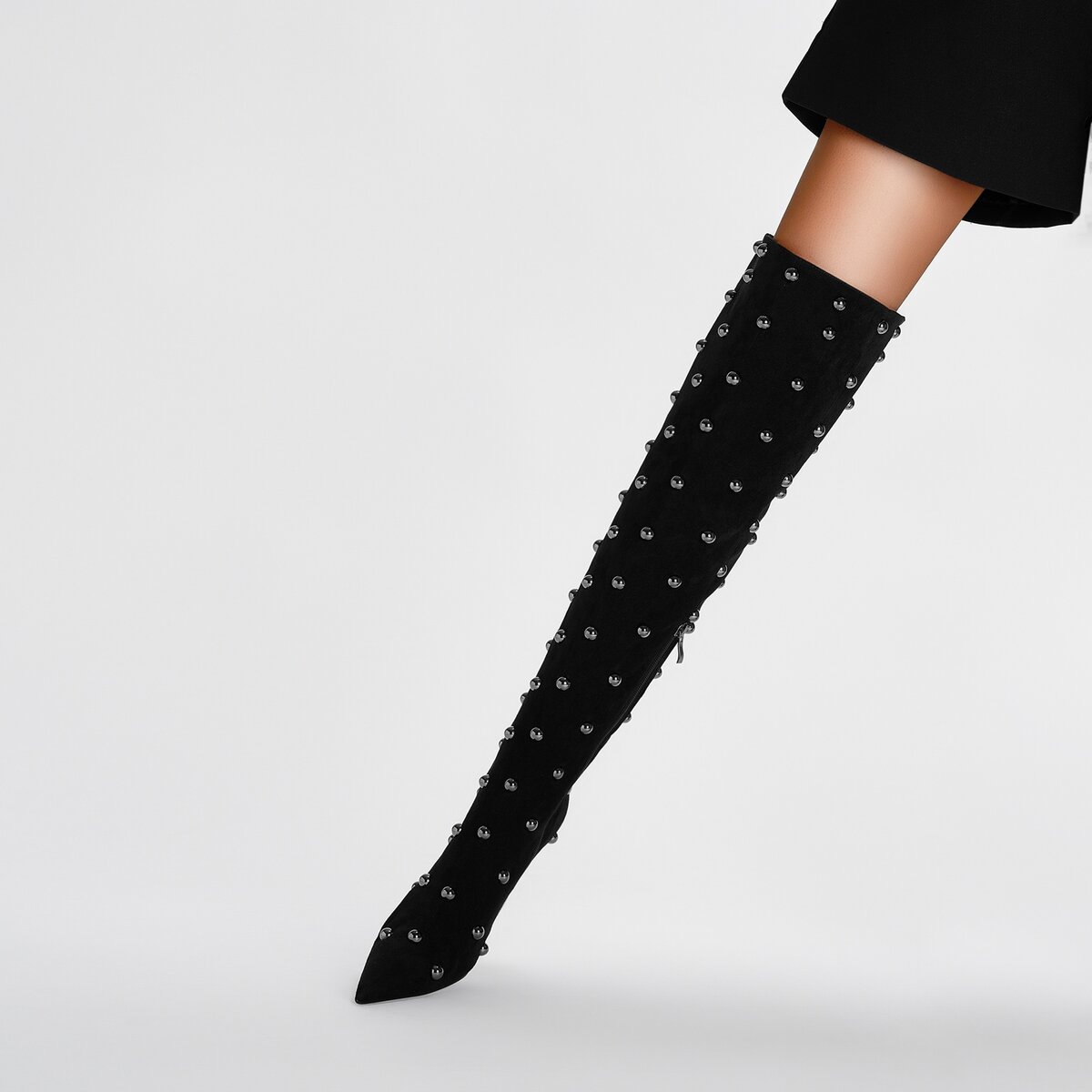 Metallic Dome Stud Suede Pointed Toe Knee High Boots