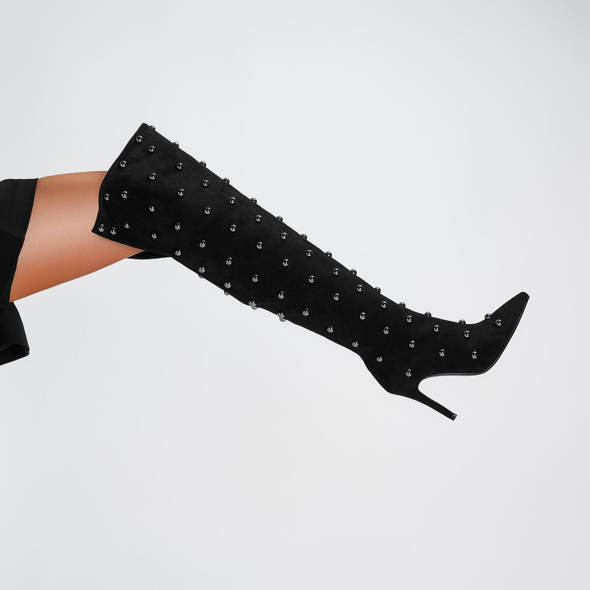 Metallic Dome Stud Suede Pointed Toe Knee High Boots