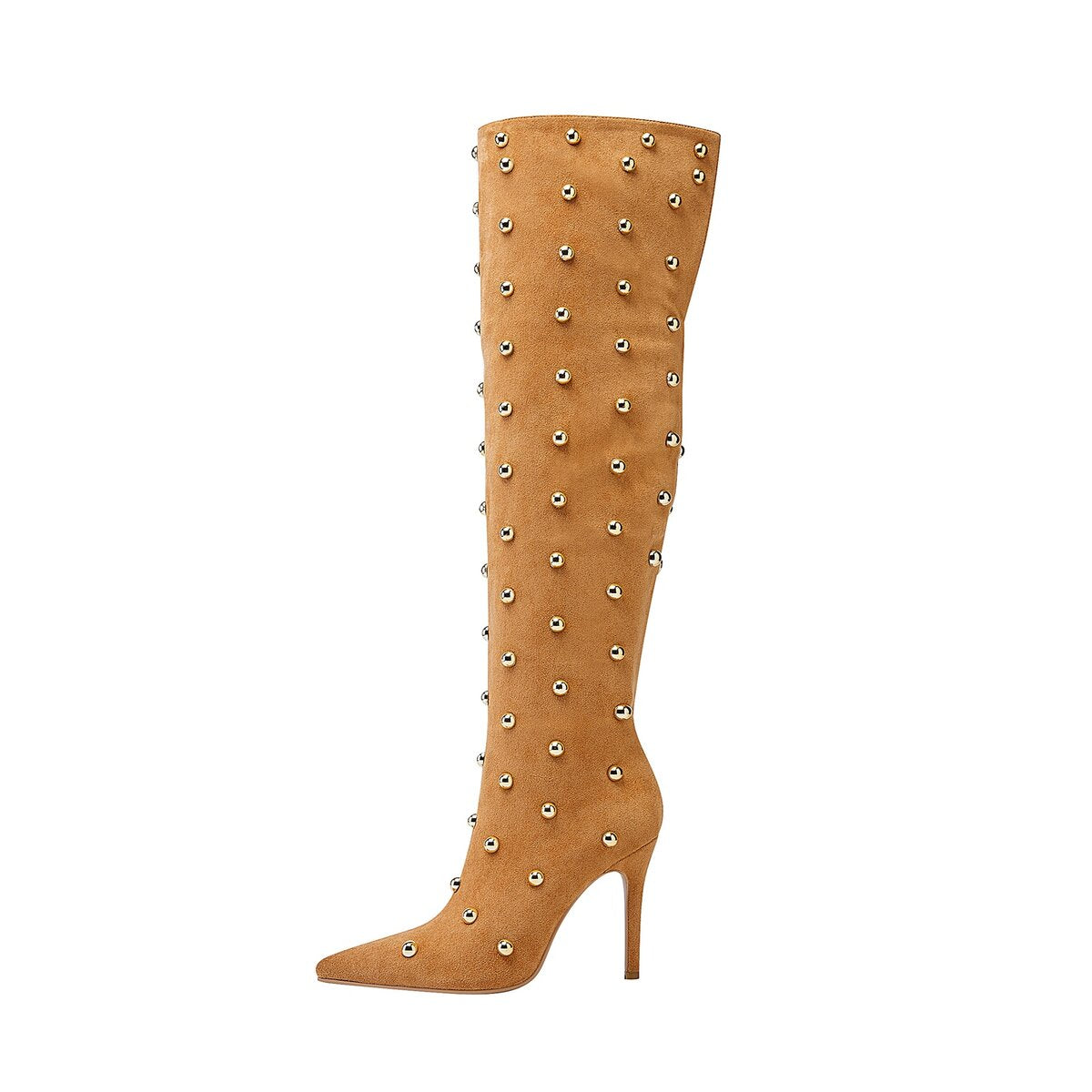 Metallic Dome Stud Suede Pointed Toe Knee High Boots