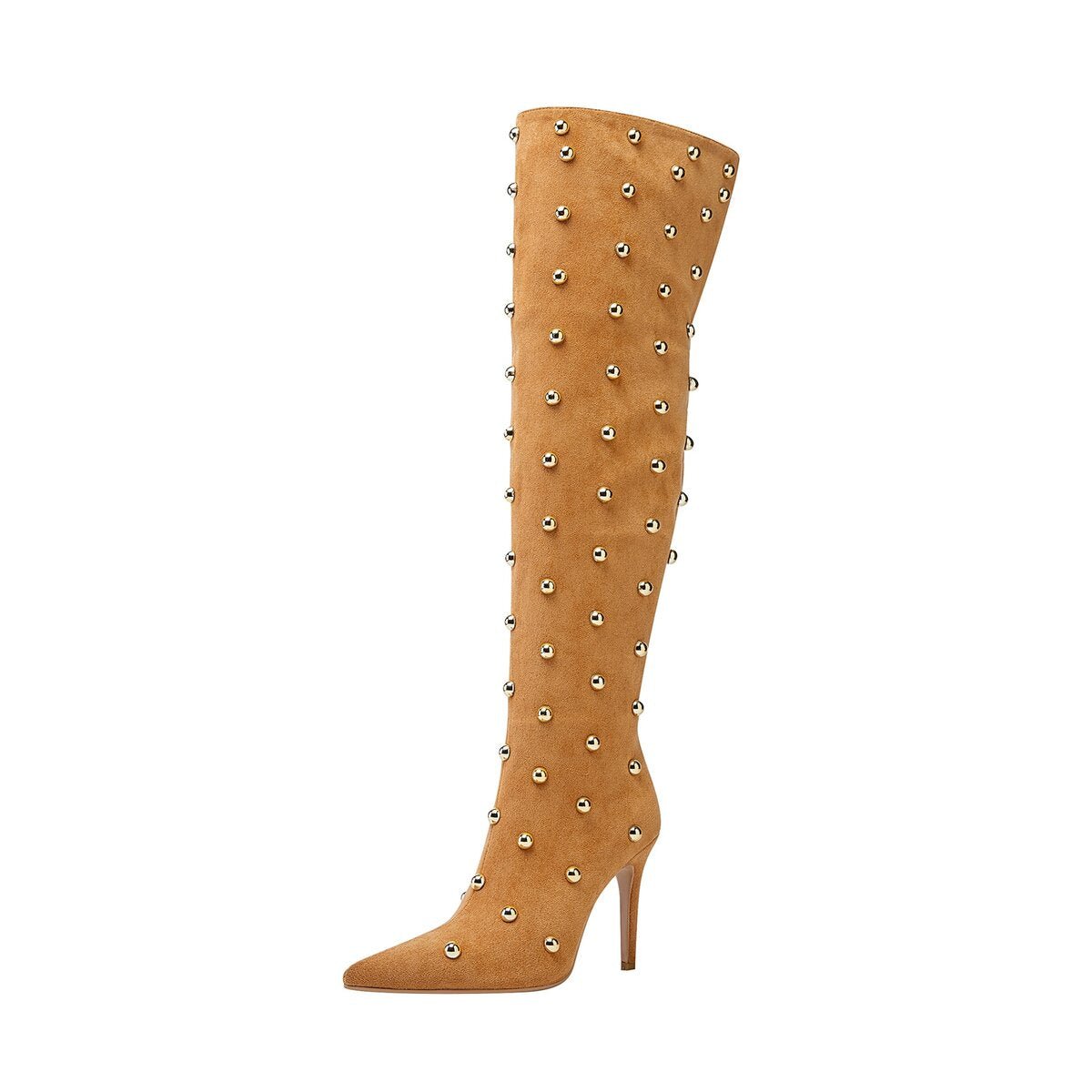Metallic Dome Stud Suede Pointed Toe Knee High Boots