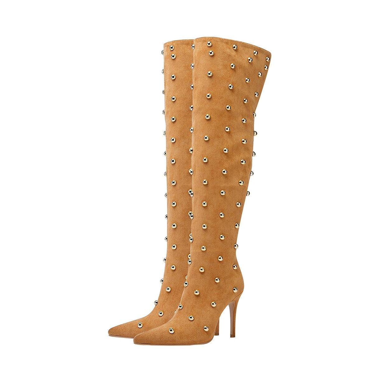 Metallic Dome Stud Suede Pointed Toe Knee High Boots