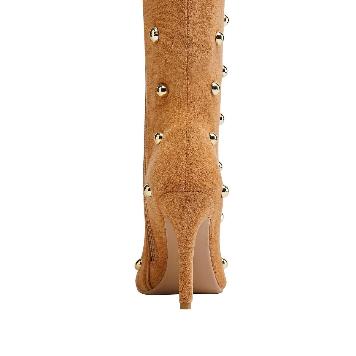 Metallic Dome Stud Suede Pointed Toe Knee High Boots