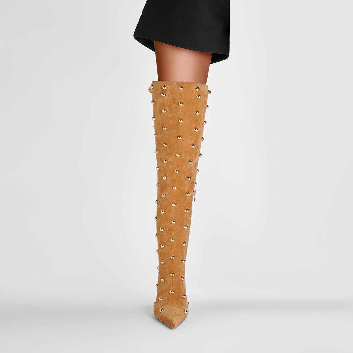 Metallic Dome Stud Suede Pointed Toe Knee High Boots