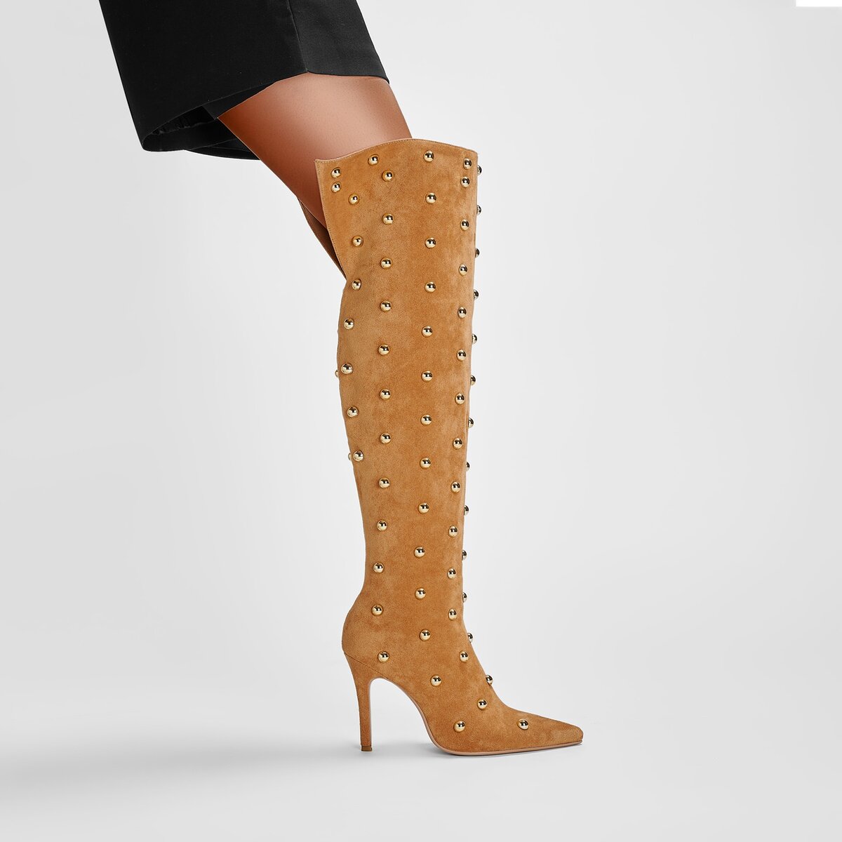 Metallic Dome Stud Suede Pointed Toe Knee High Boots