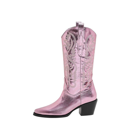 Metallic Embroidered Cowgirl Boots with Western Block Heel