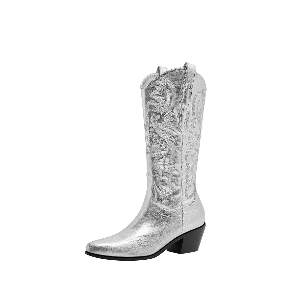 Metallic Embroidered Cowgirl Boots with Western Block Heel