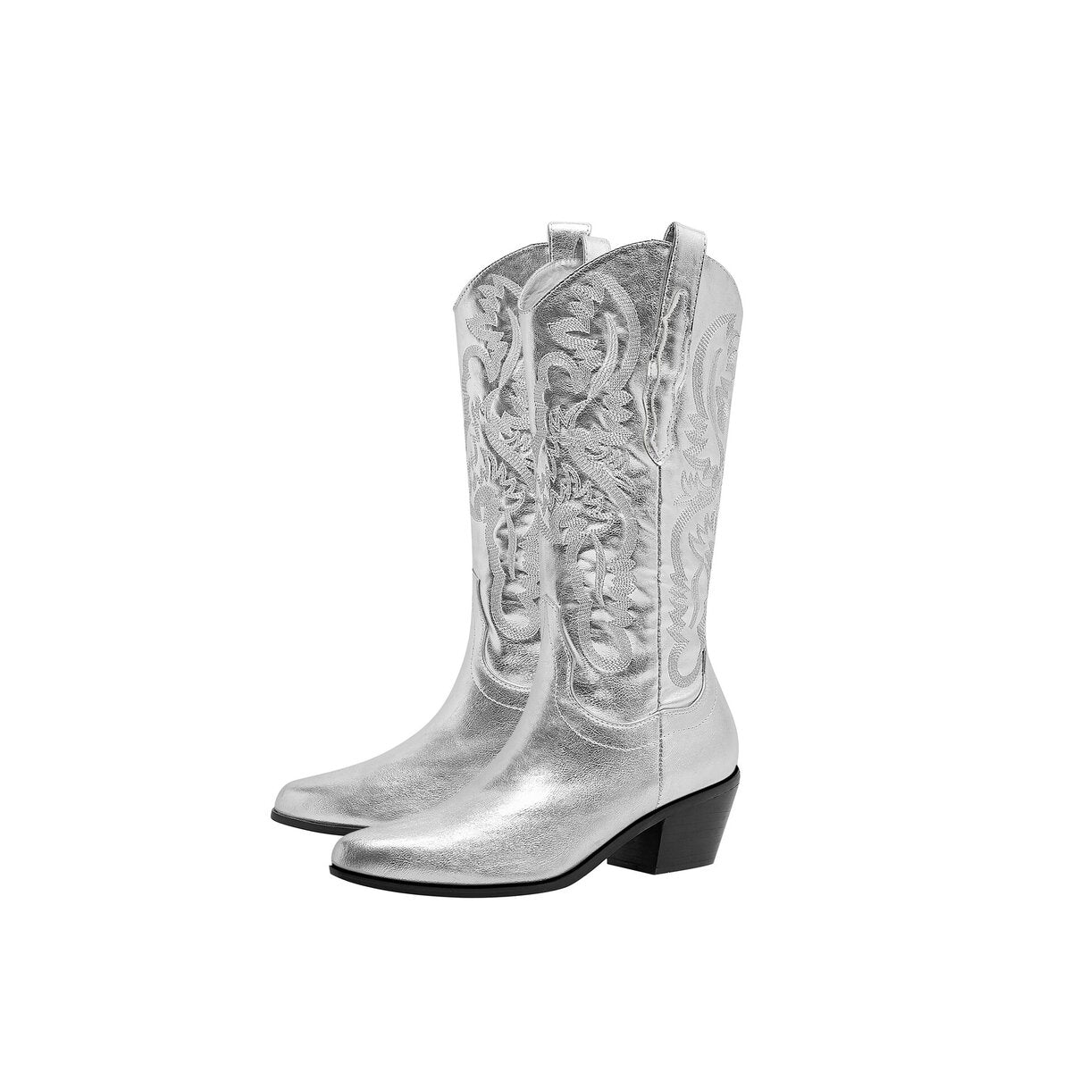 Metallic Embroidered Cowgirl Boots with Western Block Heel