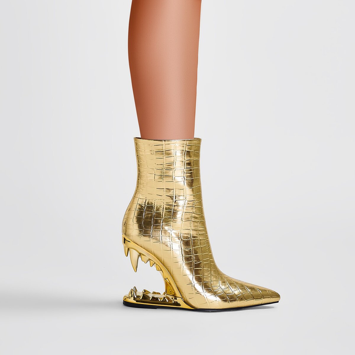 Metallic Gold Crocodile Embossed Sculptural Bite Heel Ankle Boots