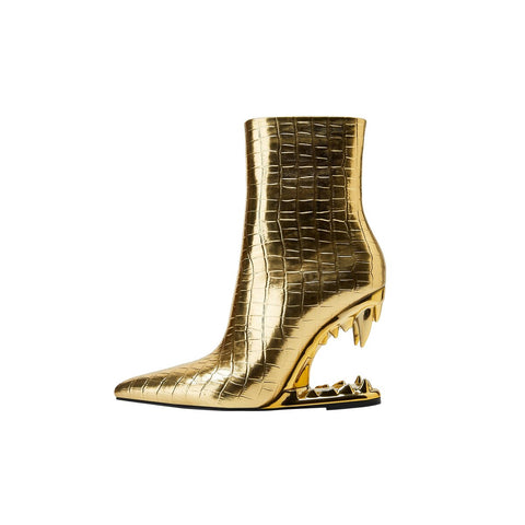 Metallic Gold Crocodile Embossed Sculptural Bite Heel Ankle Boots
