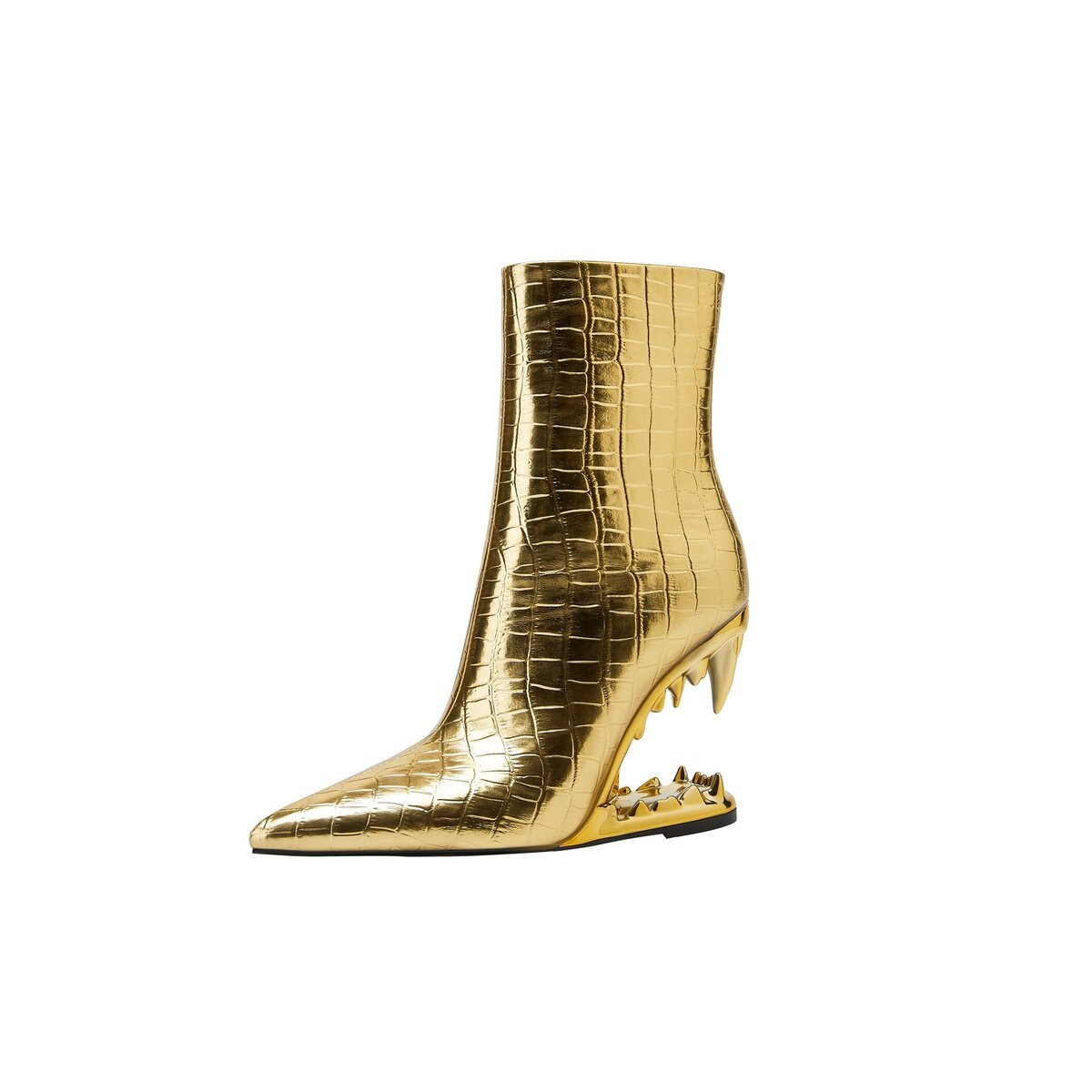 Metallic Gold Crocodile Embossed Sculptural Bite Heel Ankle Boots